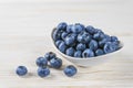 Fresh blueberries in a small round white bowl on white wooden background Royalty Free Stock Photo