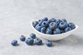 Fresh blueberries in a small white round bowl on gray concrete background Royalty Free Stock Photo
