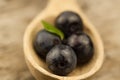 Fresh blueberries in spoon on wooden background Royalty Free Stock Photo