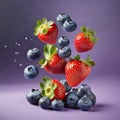 Fresh blueberries and strawberries falling on violet background