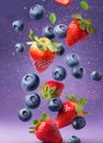 Fresh blueberries and strawberries falling on violet background