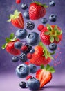 Fresh blueberries and strawberries falling on violet background