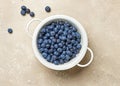 Fresh blueberries in a white metal sieve