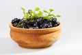 Fresh blueberries in a wooden bowl on white Royalty Free Stock Photo
