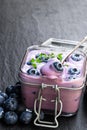 Fresh blueberries yogurt in glass jar on black stone background Royalty Free Stock Photo