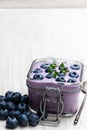 Fresh blueberries yogurt in glass jar on white wooden table Royalty Free Stock Photo