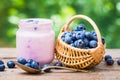 Fresh blueberries yogurt in jar and small basket of bilberries. Royalty Free Stock Photo