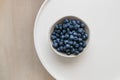 Fresh blueberry antioxidant organic superfood on a white coffee table, top view,healthy nutrition concept. Royalty Free Stock Photo