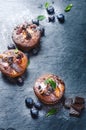 Fresh, blueberry muffins on a stone background with sugar and fruits. Food background. Concept of pastry. Royalty Free Stock Photo