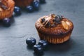 Fresh, blueberry muffins on a stone background with sugar and fruits. Food background. Concept of pastry. Royalty Free Stock Photo