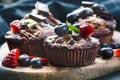 Fresh, blueberry muffins on a stone background with sugar and fruits. Food background. Concept of pastry. Royalty Free Stock Photo