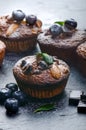 Fresh, blueberry muffins on a stone background with sugar and fruits. Food background. Concept of pastry. Royalty Free Stock Photo