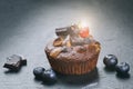 Fresh, blueberry muffins on a stone background with sugar and fruits. Food background. Concept of pastry. Royalty Free Stock Photo