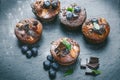 Fresh, blueberry muffins on a stone background with sugar and fruits. Food background. Concept of pastry. Royalty Free Stock Photo