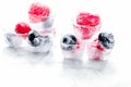 Fresh blueberry and raspberry in ice on table background Royalty Free Stock Photo