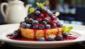 Fresh blueberry tartlet with juicy berries on white plate, a delightful and satisfying dessert.