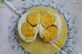 Fresh boiled chicken eggs with two yolks in the middle for breakfast Royalty Free Stock Photo
