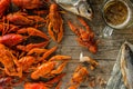 Fresh boiled crawfish and dried fish with a beer on a wooden tab Royalty Free Stock Photo