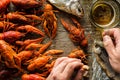 Fresh boiled crawfish and a mug of beer on a wooden table. A man Royalty Free Stock Photo