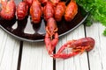 Fresh boiled crawfish with onion and parsley on the white wooden background. Rustic style. Fresh seafood. Steamed crayfish. Royalty Free Stock Photo