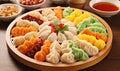 Fresh boiled dumplings. Chinese new year platter colorful dumplings