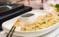 Fresh boiled dumplings with hot steams on plate Royalty Free Stock Photo