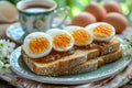 Fresh Boiled Eggs on Toast with Caviar Beside Tea Cup and Raw Eggs on Rustic Kitchen Table Surrounded by Flowers