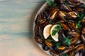 Fresh, Boiled mussels, Black Sea, with parsley and lemon, no people,