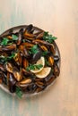 Fresh, Boiled mussels, Black Sea, with parsley and lemon, no people,