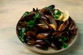 Fresh, Boiled mussels, Black Sea, with parsley and lemon, no people,