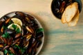 Fresh, Boiled mussels, Black Sea, with parsley and lemon, no people,