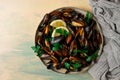 Fresh, Boiled mussels, Black Sea, with parsley and lemon, no people,