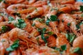 Fresh boiled prawns with coriander. A delicious dish of seafood. Royalty Free Stock Photo