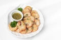 Fresh boiled prawns with zesty citrus dipping sauce Royalty Free Stock Photo