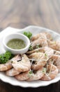 Fresh boiled prawns with zesty citrus dipping sauce Royalty Free Stock Photo