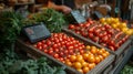 Fresh Bounty: Vibrant Vegetable Market with Row of Tomatoes, Bell Peppers, and Green Vegetables