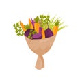 Fresh bouquet made of beetroot, onion, parsley twigs and carrot. Ripe vegetables wrapped in paper. Flat vector icon