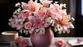 A fresh bouquet of pink flowers decorates the indoor table generated by AI Royalty Free Stock Photo