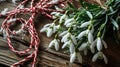 Fresh bouquet of the spring snowdrops flowers with red and white rope, on a wooden, banner, copy space