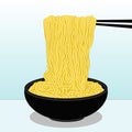 Fresh bowl of asian ramen noodles on chopsticks on white background