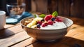 fresh bowl of yogurt with granola and fresh fruits