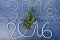 Fresh branch of christmas tree and the numbers 2016 of rope and