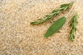 Fresh branches of rosemary and a sage leaf on a background of ri Royalty Free Stock Photo