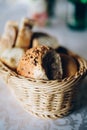 Fresh bread in basket. Slices roll breads in basket on table Royalty Free Stock Photo