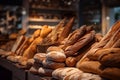 Fresh bread buns and baguettes on supermarket bakery shelves and counters