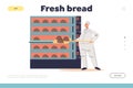 Fresh bread concept of landing page with male baker putting raw dough to industrial oven Royalty Free Stock Photo
