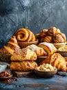 Fresh bread and croissants lying on a rustic table. Ai generative