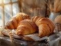 Fresh bread and croissants lying on a rustic table. Ai generative