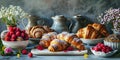 Fresh bread and croissants lying on a rustic table. Ai generative