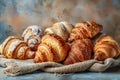 Fresh bread and croissants lying on a rustic table. Ai generative